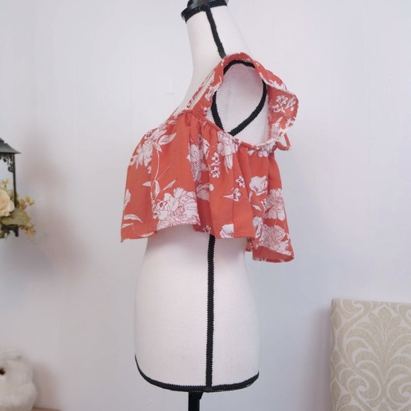 SAGE The Label Floral Off Shoulder Crop Top Size M Ruffle Blouson Tank Top - Picture 6 of 7